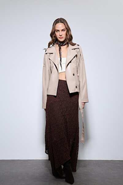 Antioch Beige Belted Faux Leather Coat