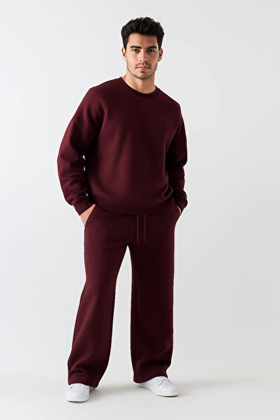 525 Erkek Bordo Oversize Sweatshirt – Bisiklet Yaka, 3 İplik Şardonlu Polar