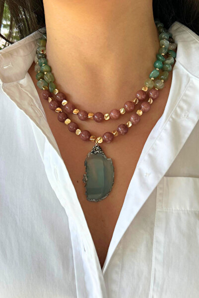 Suerte Accessories Handmade Star Stone and Jade Natural Stone Special Design Jade Natural Stone Pendant Women's Double Necklace