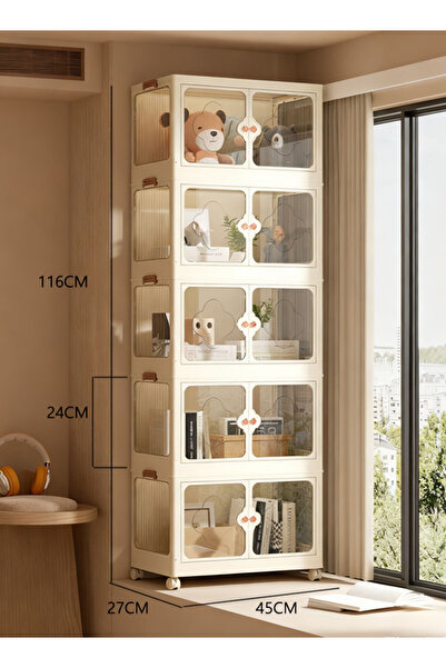 Generic 5-Layer Storage Cabinet,Stackable,Wheels,Double Doors,Multi-Purpose Folding for Home 45x27x116cm