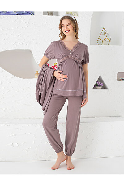 JENİKA Women's Maternity 3-Piece Pajama Set – Stylish Lace and Practical Button Detailing