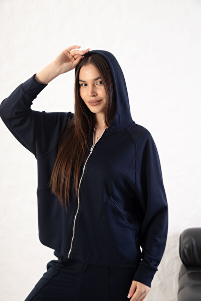 YusGos Women's Comfortable Fit Long Sleeve Zippered Modal Fabric Pocketed Hooded Sweatsuit Top Cardigan