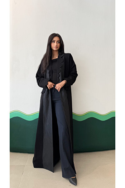 AYA - MW1725 - Black blazer abayas with added pockets and jacquard insert