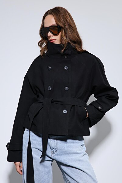 Antioch Black Mock Neck Double-Breasted Trench Coat