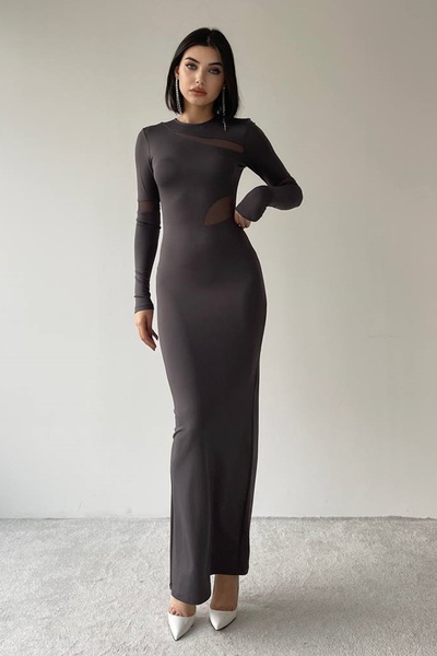 WOMAN VISION Braunes Maxikleid aus Stretchmaterial mit transparenten Details und langen Ärmeln, Größe 275