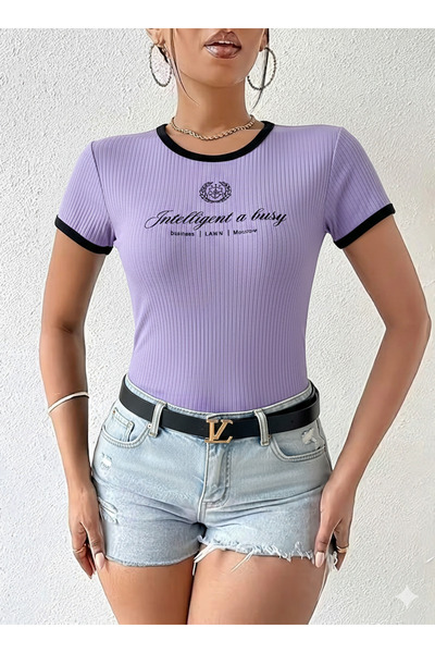 MaxiMor Women's Lilac Color Crew Neck Basic Slim Fit Short Sleeve Body Full Stretch Fabric Full Fit Length 55 cm