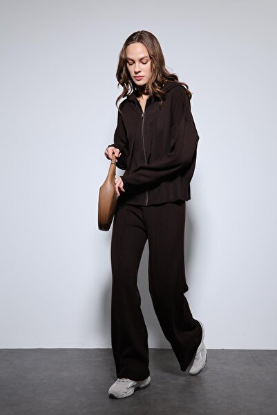 Antioch Brown Hooded Top and Wide Leg Knitwear Set