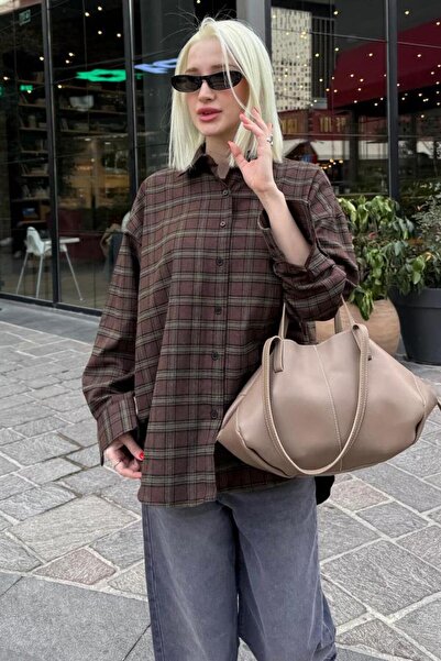 Madmext Brown Oversized Plaid Patterned Women's Shirt Mg2589