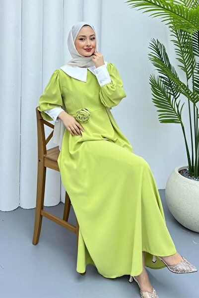 Modaensarbutik Bebe Yaka Kol Detaylı Tesettür Elbise-FISTIK YEŞİLİ