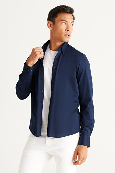 ALTINYILDIZ CLASSICS Синя сорочка Slim Fit з вузьким кроєм, прихованою застібкою та коміром, 100% бавовна