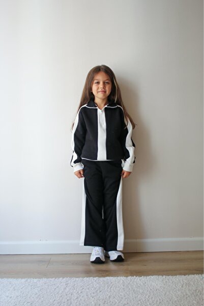 YUMİYUMM 3-10 Years Old Girl's 3 Thread Ş Fleece-Lined Black-White Striped Winter Tracksuit Set