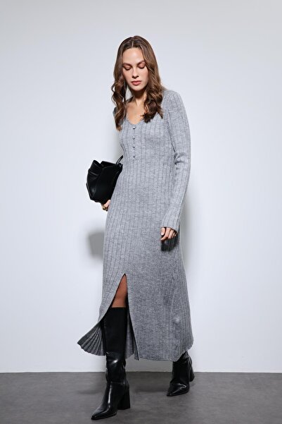 Antioch Gray Slit Detailed Knitwear Dress