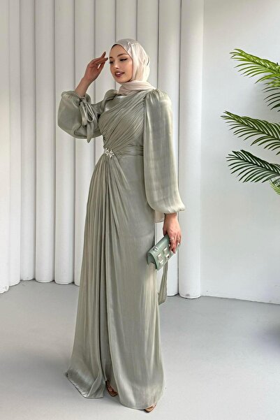 Modaensarbutik Beli Taşlı Kolları Bağlamalı Tesettür Abiye-MİNT YEŞİLİ