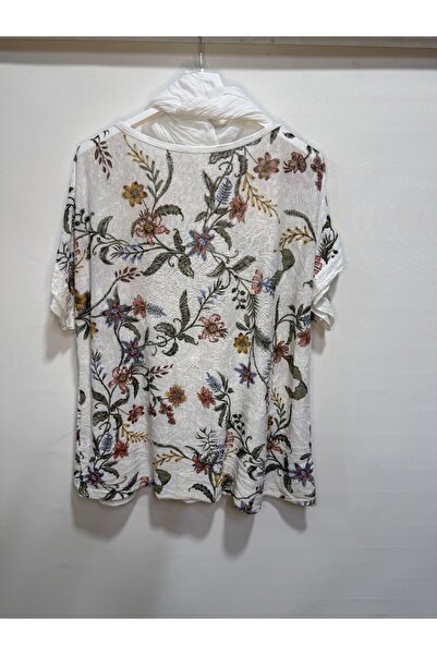 della moor Italian White Floral Patterned Short Sleeve O Oversized Blouse with Scarf