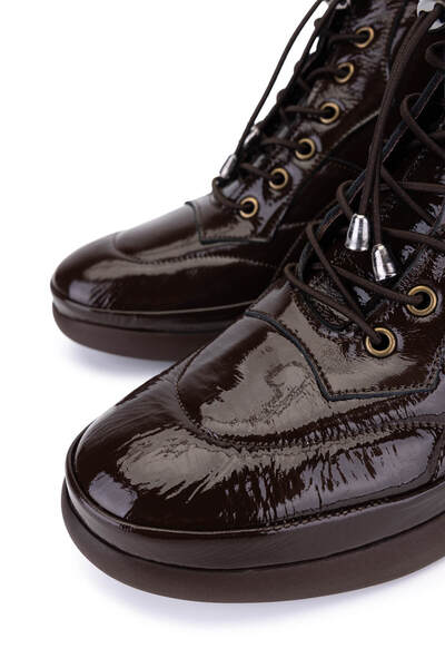 Tamer Tanca Women's Genuine Leather Brown Patent Leather Casual Boots