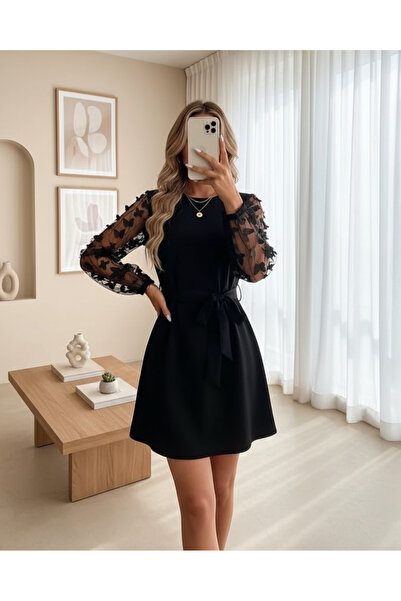 MissRunin Kadın Uzun Kollu Bisiklet Yaka Kollar Tül Kelebek Detaylı Ithal Kre...