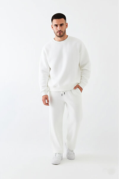 525 Men's White Oversized Sweatshirt – Crew Neck, 3 Thread Ş Fleece-Lined Fleece