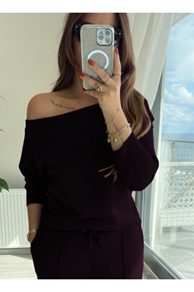buğrahayalin Women's Long Sleeve One-Shoulder Open Modal Blouse and Pants Two-Piece Plum Set
