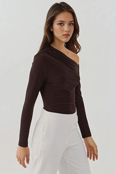 Hiccup Asymmetric Neckline Long Sleeve Slim Fit Stretchy Knitted Top