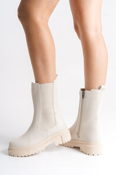 Ayakkabı Delisiyim Μπεζ δερμάτινες κοντές γυναικείες μπότες με ελαστική χοντρή σόλα αδιάβροχη Harper