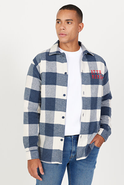 AC&Co / Altınyıldız Classics Navy Blue-Beige Wool Comfort Fit Relaxed Fit Button-Down Collar Checked Shirt