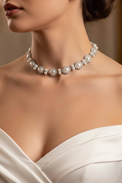 LIVOSH OPAL TAŞLI İNCİ CHOKER KOLYE GELİN KOLYESİ