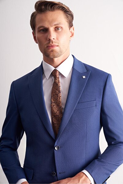 İmza Dark Navy Swallow Collar Self Patterned Flexible Waist Slim Fit 6 Drop Suit 1001255168