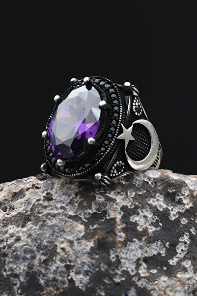 Prestige Ay Yıldızlı - Ay Yıldız Ametist Taşlı 925 Ayar Gümüş Erkek Yüzük 902349