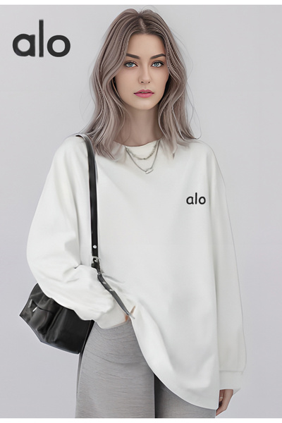 Alo 100% pure cotton round neck white sports shirt, 240g casual long sleeved men's and women's top