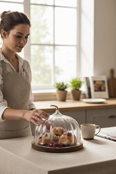 ANJEAHOME Barletta Acacia Base Glass Cake Pan |   24X24X19 cm |   Stylish and Healthy Presentation Fan with Transparent Cover