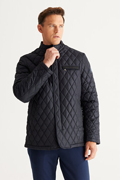 ALTINYILDIZ CLASSICS Men's Navy Blue Standard Fit Normal Cut Stand Collar Quilted Patterned Overcoat