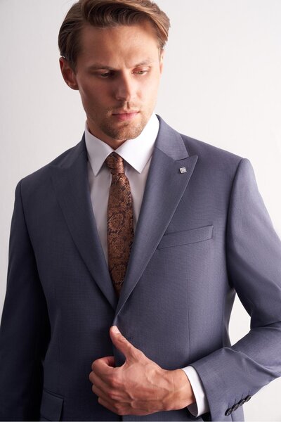 İmza - Navy Blue Swallow Collar Self Patterned Flexible Waist Slim Fit 6 Drop Suit 1001255168