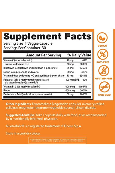 Doctor's Best Vitamin B Complex, Quatrefolic-Fortified, Vegetarian Capsules, 30 Count