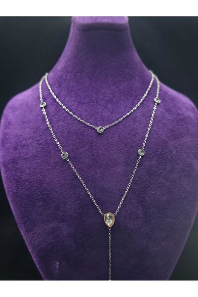 sarıyer silver Damla Model Zircon Stone Embroidered Water Drop Dangle Steel Necklace