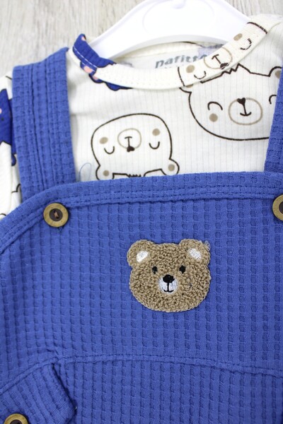 EYMİRGİYİM Cotton Teddy Bear Motif Waffle Fabric Baby Boy 3-Piece Romper 3 Months, 6 Months, 9 Months