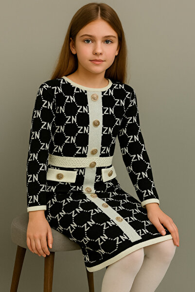 NEWCO Harf Printed Knee Length Children's Knitwear Dress with Button Pocket Detail -3234