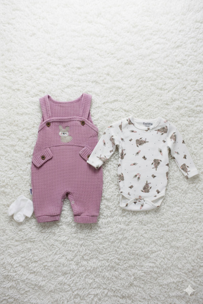 EYMİRGİYİM Cotton Rabbit Motif Waffle Fabric Baby Girl Children's 3-Piece Jumpsuit 3 Months, 6 Months, 9 Months