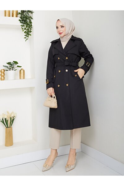 Zenyamoda Kadın Siyah Arkası Düğmeli Trençkot
