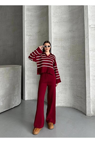 LE CARAMBOLE Women's Burgundy Polo Neck Striped Sweater Pants Knitwear Set