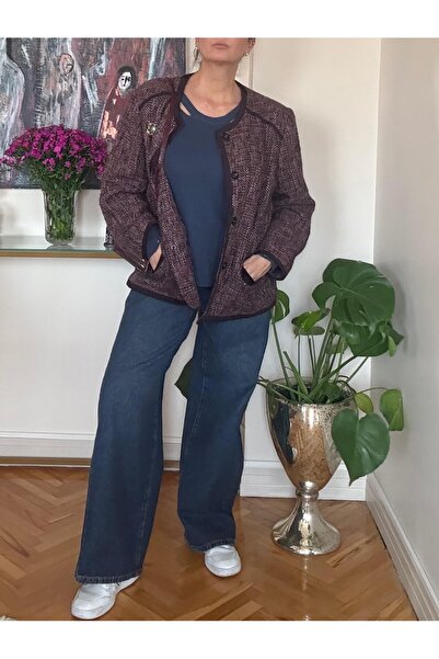 Retrokare Mor Süet Biyeli İthal İnce Tüvit Oversize Blazer Ceket