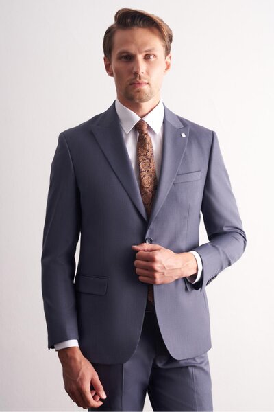 İmza - Navy Blue Swallow Collar Self Patterned Flexible Waist Slim Fit 6 Drop Suit 1001255168