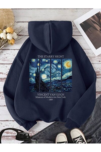 Rokeby Unisex Van Gogh Backpack Printed Hooded Oversized Navy Blue Sweatshirt with Kangaroo Pocket