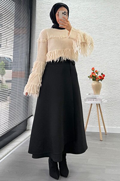 MELEK ARAZ Cape Detailed Side-Tie Flared Scuba Skirt – Black