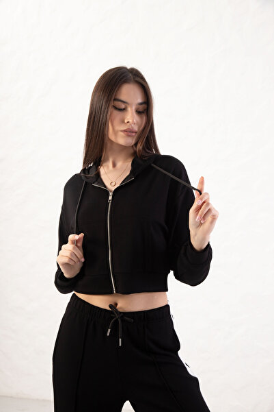 YusGos Women's Long Sleeve Zippered Modal Fabric Pocketed Hooded Crop