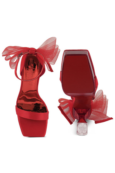 london Rag Women Kiri Satin Clear High Heeled Bow Sandals in Red