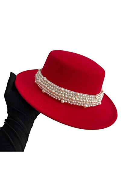 Pursehuit Women's hat, red, boater style, handmade, with removable pearl accessory, Erra