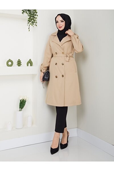 Zenyamoda معطف نسائي طويل بأكمام مطاطية باللون البيج