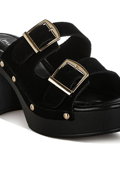 london Rag Women Studded Dual Buckle Platform Clogs in Black