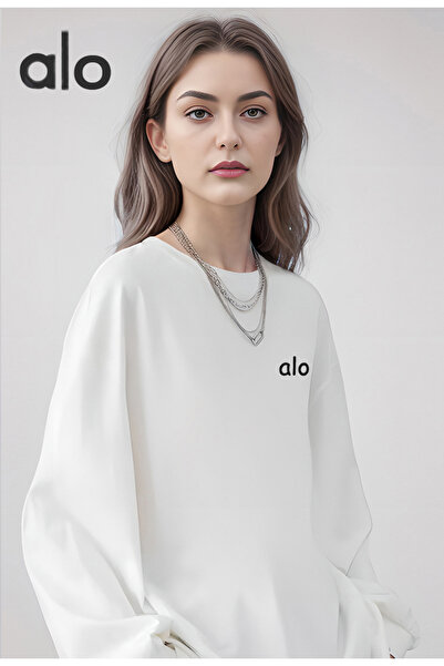Alo 100% pure cotton round neck white sports shirt, 240g casual long sleeved men's and women's top