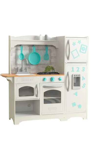 KIDKRAFT مطبخ ألعاب ريفي، مطبخ خشبي للعب مع مغناطيسات الثلاجة وإكسسوارات المطبخ